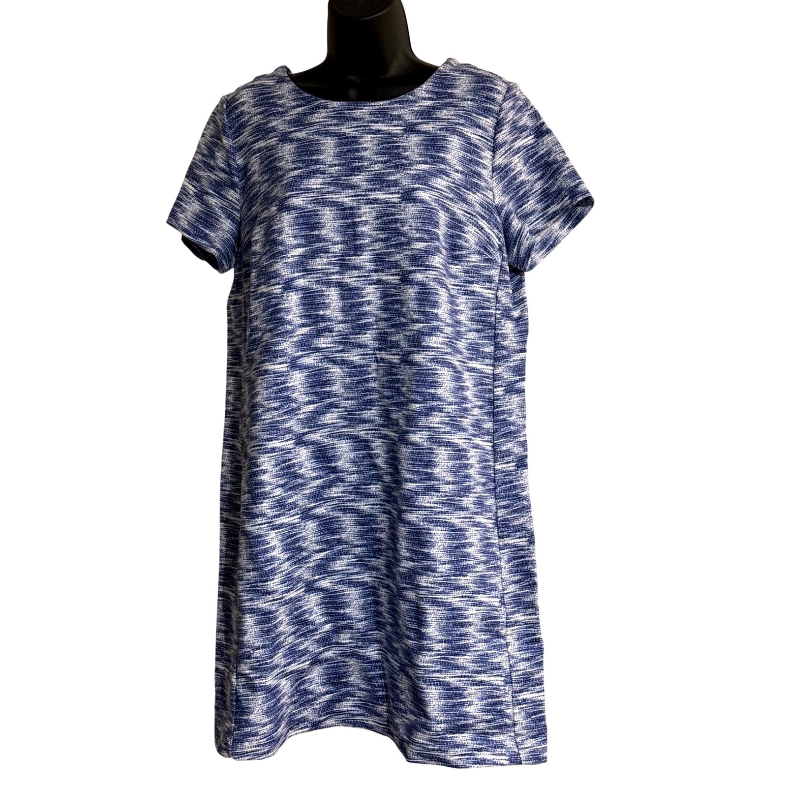 Ann Taylor Loft Womens 12p Blue White Space Textured Shift Dress Short Sleeve